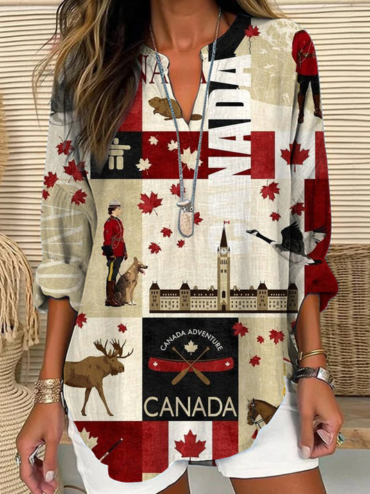 Women's Canadian Illustration Maple Leaf Art Print Casual V-Neck Top
