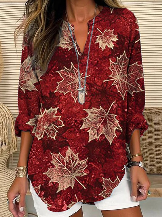Women's Canada Gold Maple Leaf Print Casual V-Neck Top