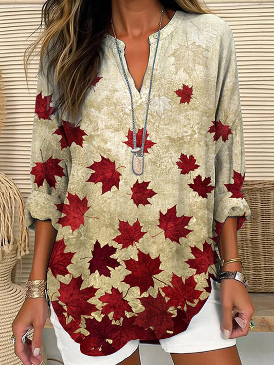 Women's Canada Gradient Maple Leaf Print Casual V-Neck Top