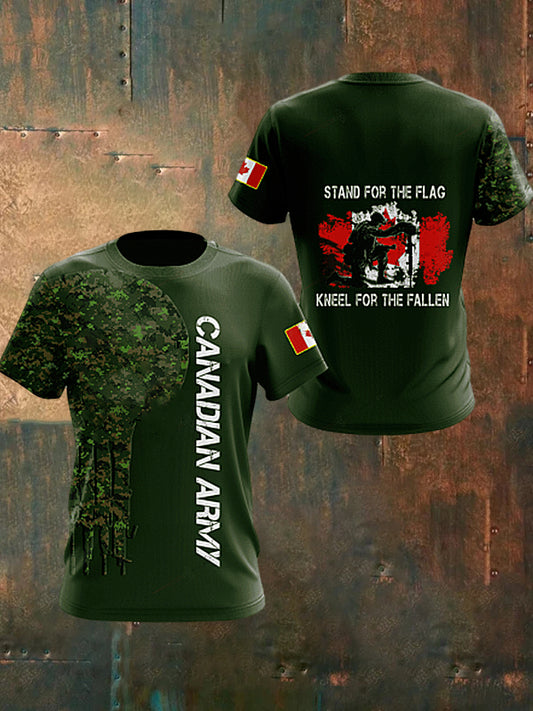 Men's Vintage Canadian Army Flag Veteran Camouflage Print Casual Cotton Short Sleeve T-Shirt
