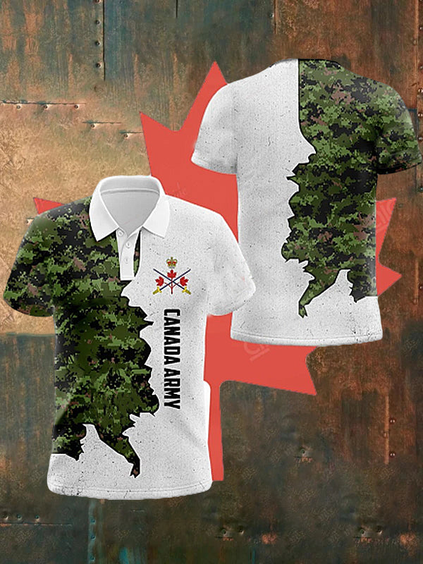 Men's  Vintage Canadian Army Flag Veteran Camouflage Printed Casual Cotton Short Sleeve Polo Shirt