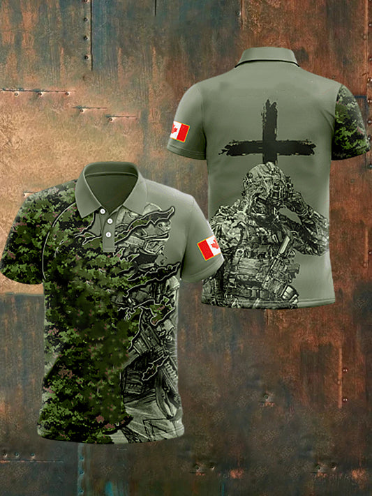 Men's  Vintage Canadian Army Flag Veteran Camouflage Printed Casual Cotton Short Sleeve Polo Shirt