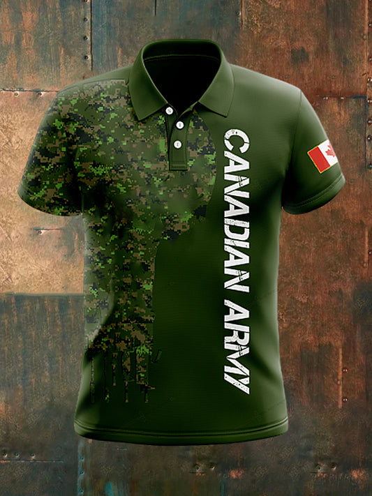 Men's  Vintage Canadian Army Flag Veteran Camouflage Printed Casual Cotton Short Sleeve Polo Shirt