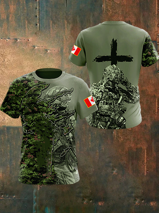 Men's Vintage Canadian Army Flag Veteran Camouflage Print Casual Cotton Short Sleeve T-Shirt