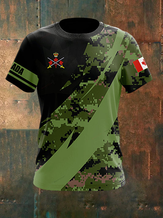 Men's Vintage Canadian Army Flag Veteran Camouflage Print Casual Cotton Short Sleeve T-Shirt