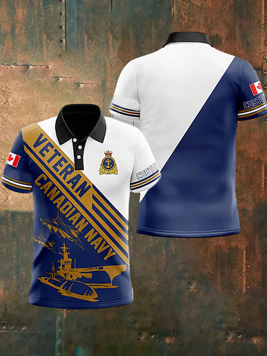 Men's  Vintage Canadian Navy Veteran War Plane  Printed Casual Cotton Short Sleeve Polo Shirt
