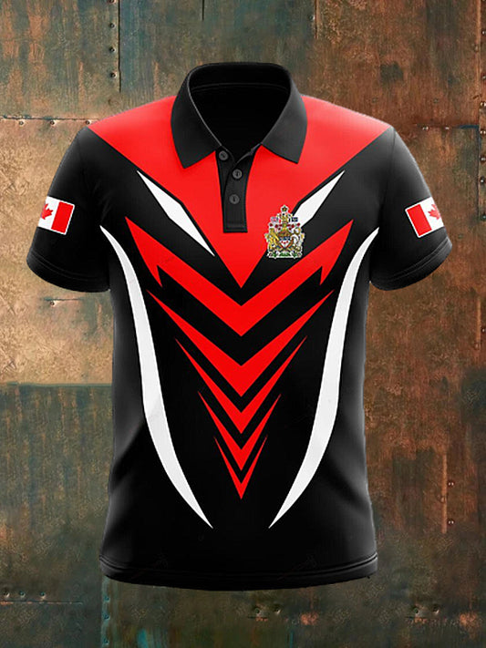 Men's  Vintage Canadian Flag Crown Sport Line Patchwork Printed Casual Cotton Short Sleeve Polo Shirt