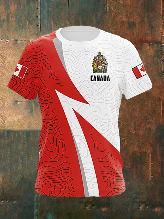 Unisex  Vintage Canadian Flag Sport Line Patchwork Print Casual Cotton Short Sleeve T-Shirt