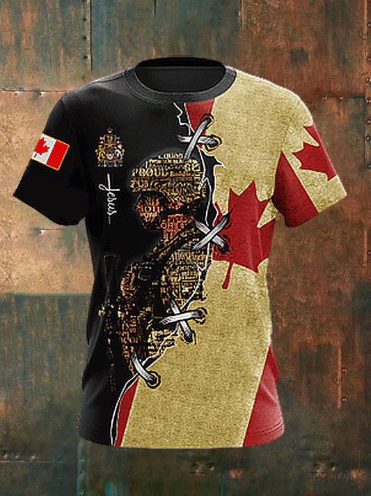Unisex  Vintage Canadian Flag Sport Veterans Faith Colour Block Print Casual Cotton Short Sleeve T-Shirt