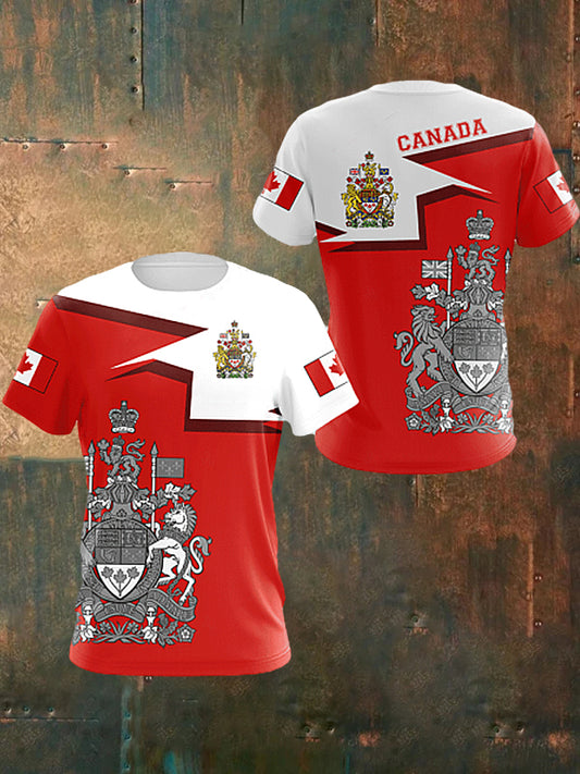 Unisex  Vintage Canadian Flag Crown Sport Colour Block Print Casual Cotton Short Sleeve T-Shirt