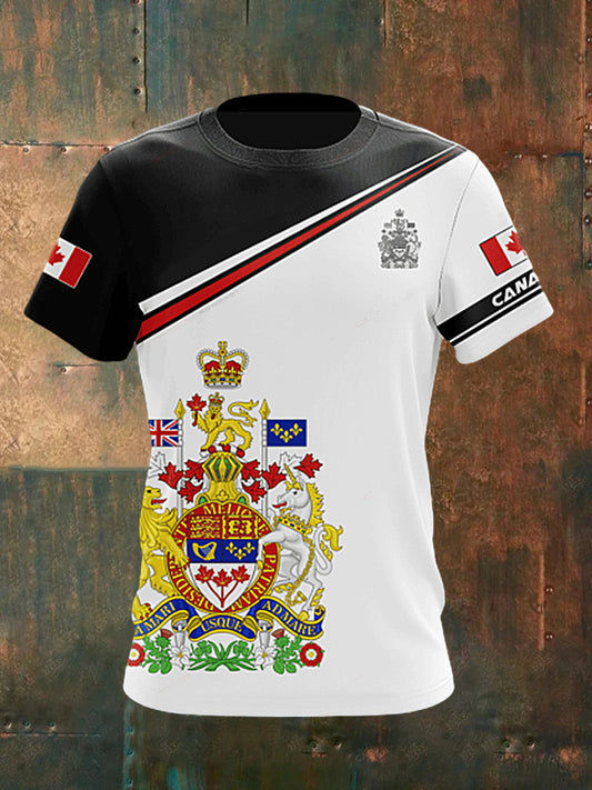 Unisex  Vintage Canadian Flag Crown Sport Line Colour Blocking Print Casual Cotton Short Sleeve T-Shirt