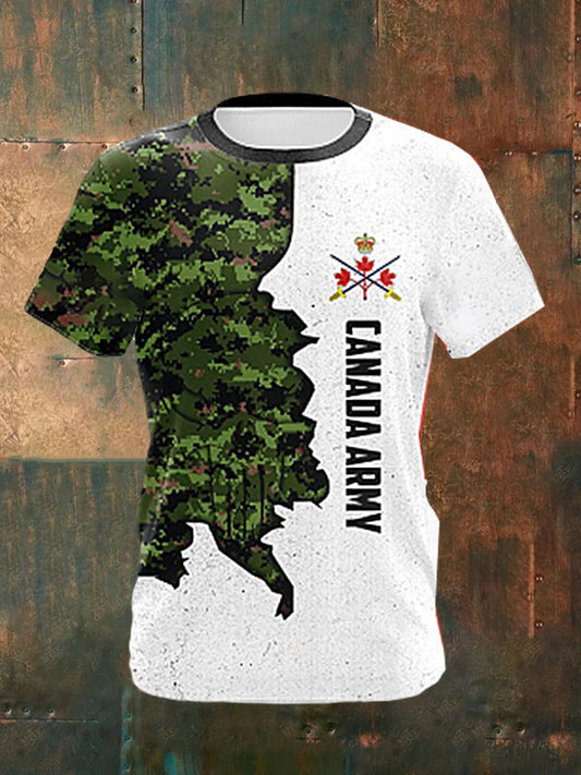 Unisex  Vintage Canadian Flag Crown Veteran Camouflage Colour Block Print Casual Cotton Short Sleeve T-Shirt