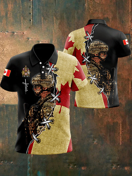 Men's  Vintage Canadian Flag Crown Veterans Faith Patchwork Printed Casual Cotton Short Sleeve Polo Shirt