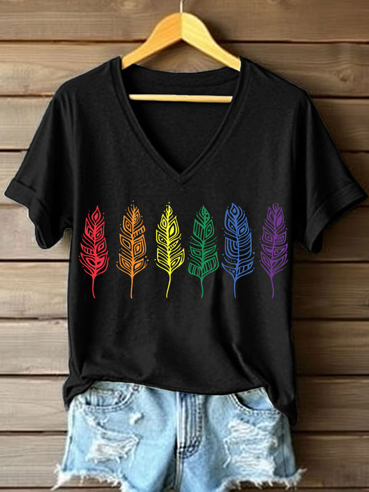 Women's Tribal Colorful Feather Print V-Neck T-Shirt