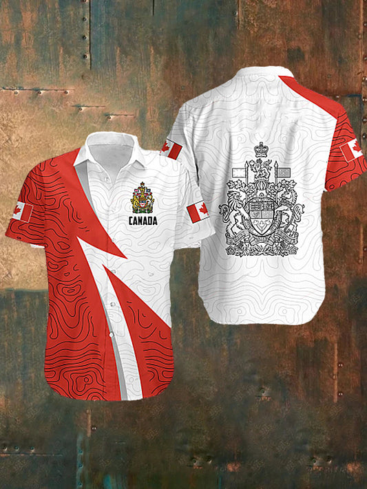 Men's  Vintage Canadian Flag Sport Line Patchwork Abstract Print Casual Cotton Short Sleeve Shirt