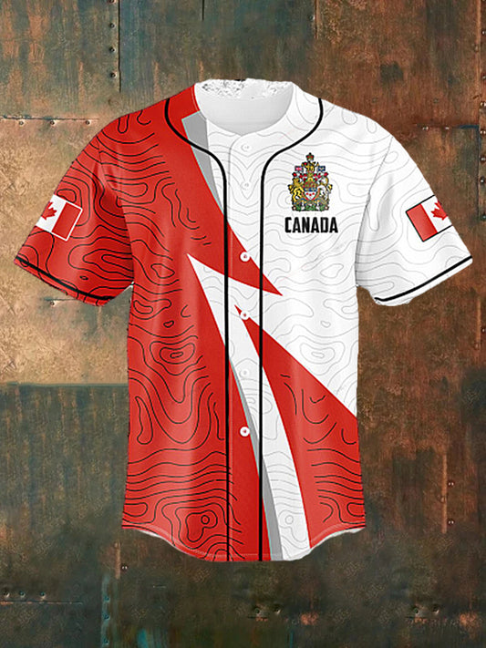 Men's  Vintage Canadian Flag Sport Line Patchwork Print Casual Cotton Short Sleeve Shirt Baseball Jersey