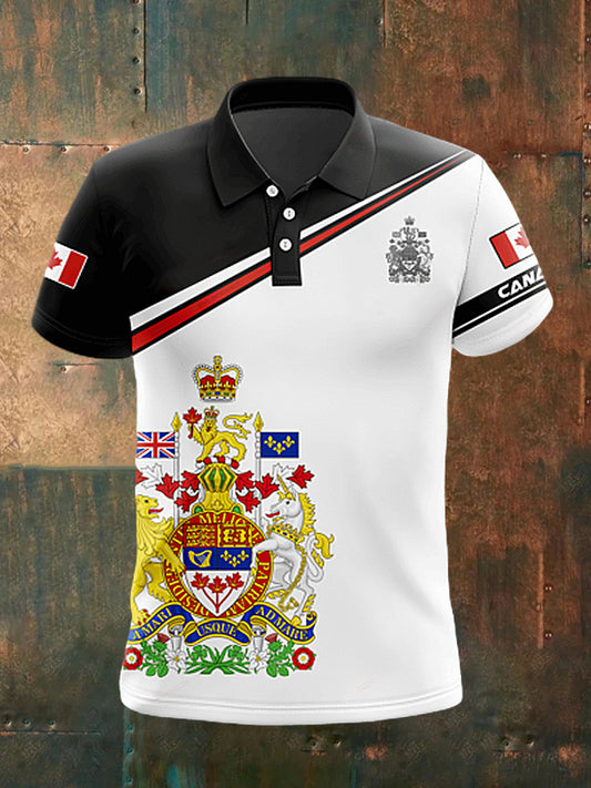 Men's  Vintage Canadian Flag Sport Line Patchwork Printed Casual Cotton Short Sleeve Polo Shirt