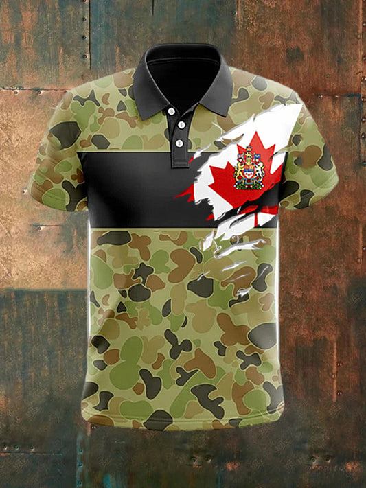 Men's  Vintage Canadian Flag Veteran Camouflage Patchwork Printed Casual Cotton Short Sleeve Polo Shirt