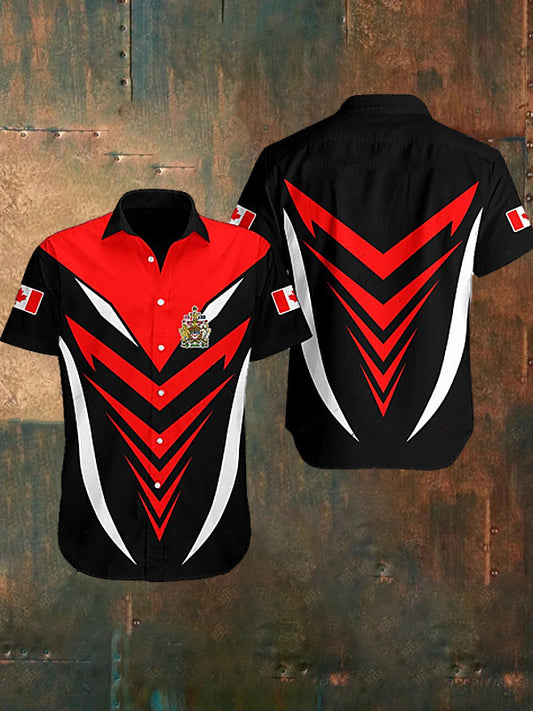 Men's  Vintage Canadian Flag Sport Line Patchwork Abstract Print Casual Cotton Short Sleeve Shirt