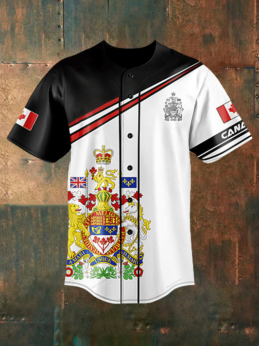Men's  Vintage Canadian Flag Sport Line Patchwork Print Casual Cotton Short Sleeve Shirt Baseball Jersey