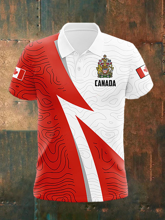 Men's  Vintage Canadian Flag Sport Line Patchwork Printed Casual Cotton Short Sleeve Polo Shirt