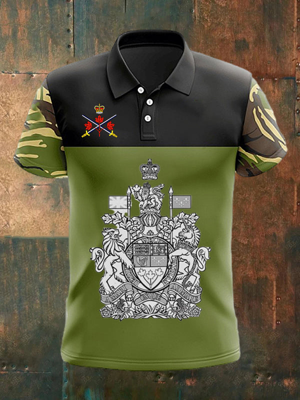Men's  Vintage Canadian Flag Veteran Camouflage Patchwork Printed Casual Cotton Short Sleeve Polo Shirt