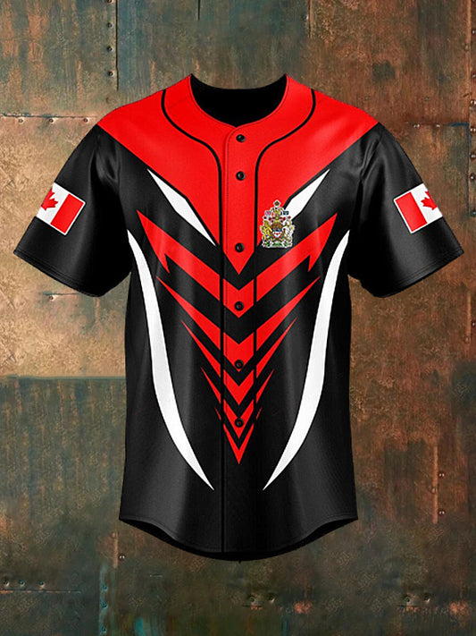 Men's  Vintage Canadian Flag Sport Line Patchwork Print Casual Cotton Short Sleeve Shirt Baseball Jersey