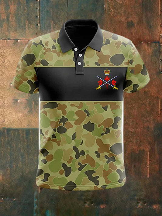Men's  Vintage Canadian Flag Veteran Camouflage Patchwork Printed Casual Cotton Short Sleeve Polo Shirt