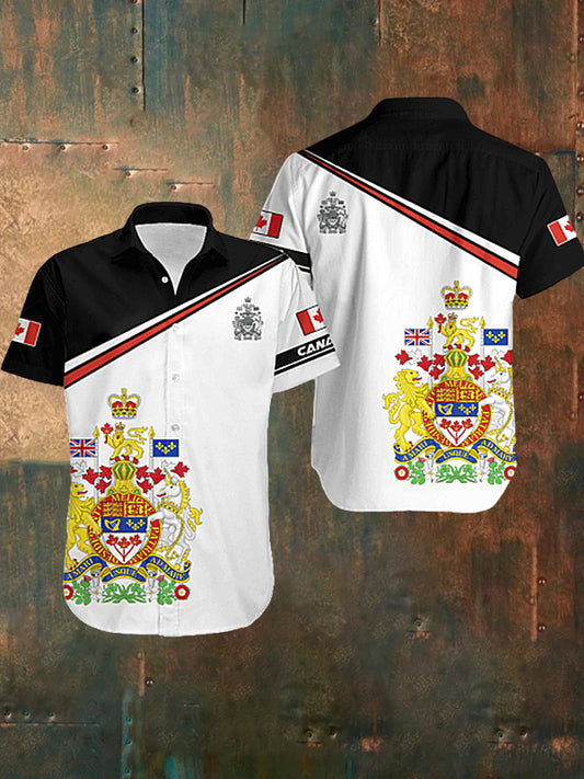 Men's  Vintage Canadian Flag Sport Line Patchwork Abstract Print Casual Cotton Short Sleeve Shirt
