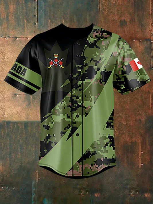Men's  Vintage Canadian Flag Camouflage Patchwork Print Casual Cotton Short Sleeve Shirt Baseball Jersey