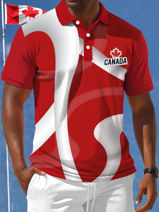 Men's Canadian Maple Leaf Abstract Line Print Casual Business Polo Shirt