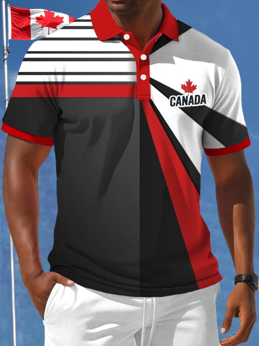 Men's Canadian Maple Leaf Irregular Stripe Spliced Printed Casual Business Polo Shirt