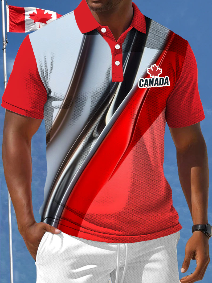 Men's Canadian Maple Leaf Line Texture Print Casual Business Polo Shirt