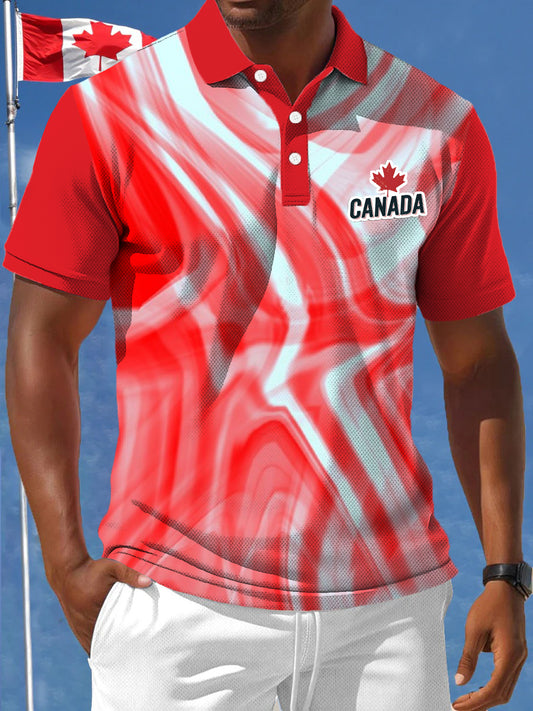Men's Canadian Maple Leaf Abstract Texture Print Casual Business Polo Shirt