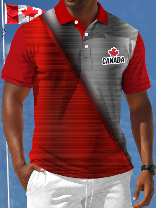 Men's Canadian Maple Leaf Patchwork Textured Printed Casual Business Polo Shirt