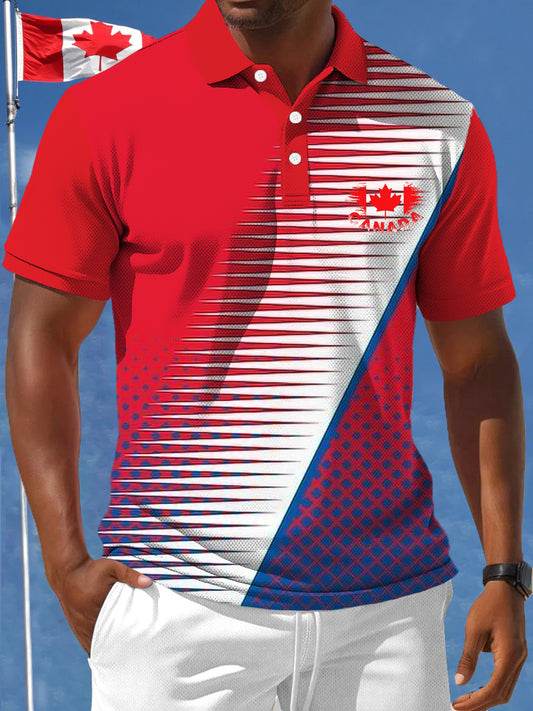 Men's Canadian Maple Leaf Gradient Geometric Print Casual Business Polo Shirt