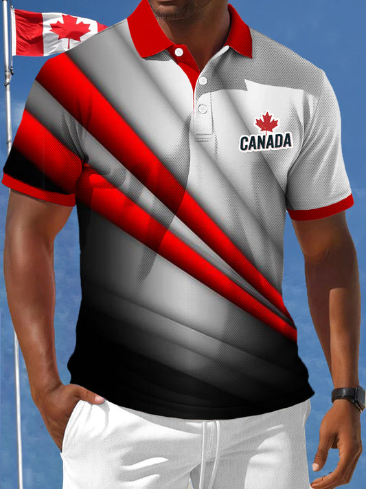 Men's Canadian Maple Leaf Stripe Spliced Printed Casual Business Polo Shirt