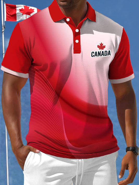 Men's Canadian Maple Leaf Gradient Line Texture Printing Casual Business Polo Shirt