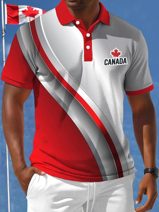 Men's Canadian Maple Leaf Wave Line Printed Casual Business Polo Shirt