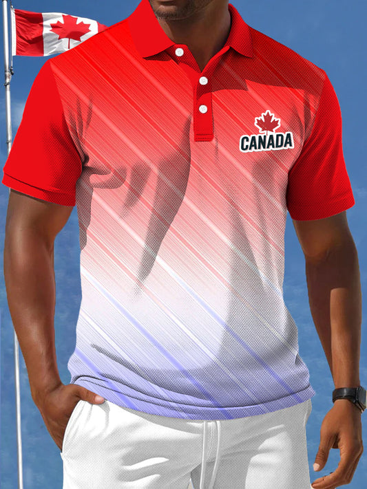 Men's Canadian Maple Leaf Gradient Stripe Printed Casual Business Polo Shirt