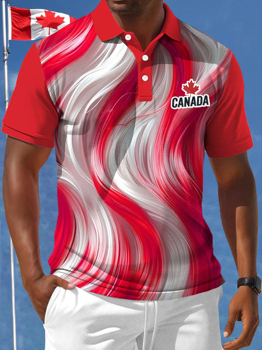 Men's Canadian Maple Leaf Irregular Line Printed Casual Business Polo Shirt