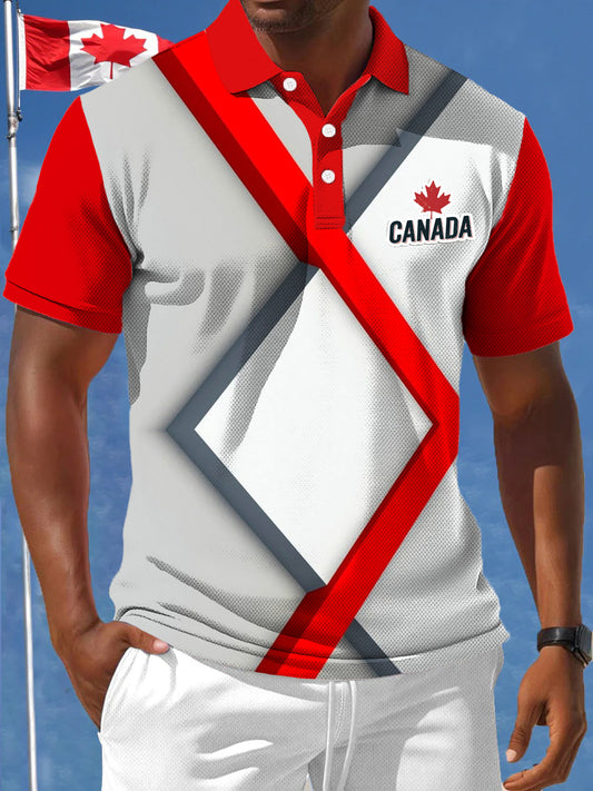 Men's Canadian Maple Leaf Irregular Stripe Geometric Print Casual Business Polo Shirt