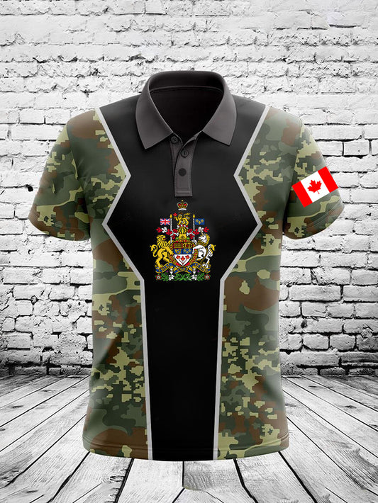 Vintage Canadian Flag Emblem Camouflage Patchwork Printed Casual Cotton Short Sleeve Polo Shirt