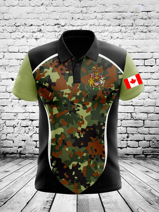 Vintage Canadian Flag Emblem Camouflage Patchwork Printed Casual Cotton Short Sleeve Polo Shirt