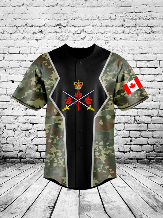 Vintage Canadian Flag Emblem Camouflage Patchwork Print Casual Cotton Short Sleeve Shirt Baseball Jersey