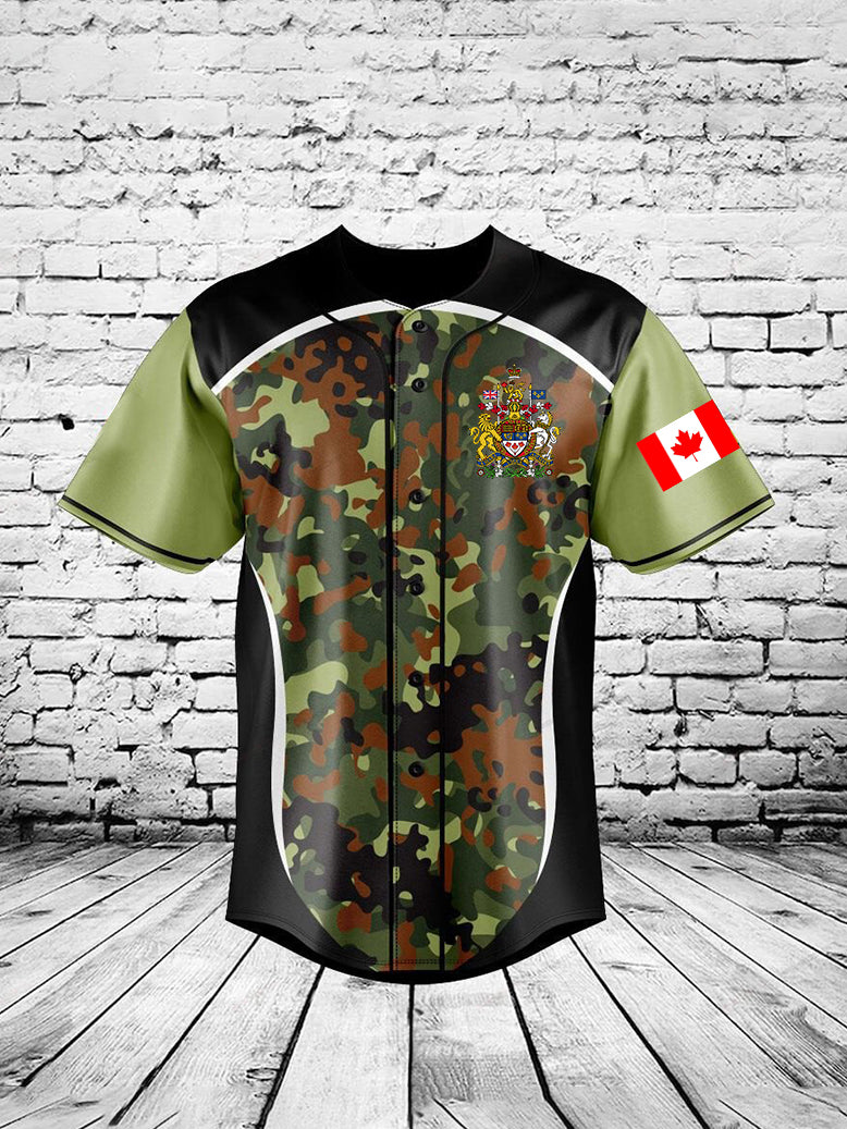 Vintage Canadian Flag Emblem Camouflage Patchwork Print Casual Cotton Short Sleeve Shirt Baseball Jersey