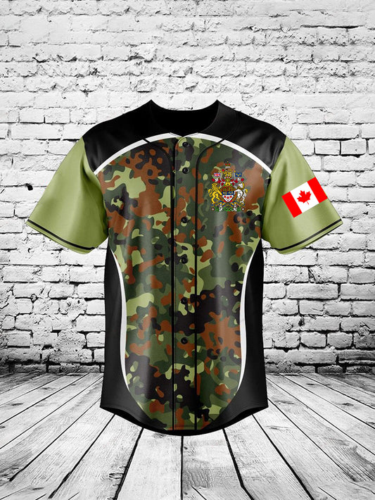 Vintage Canadian Flag Emblem Camouflage Patchwork Print Casual Cotton Short Sleeve Shirt Baseball Jersey