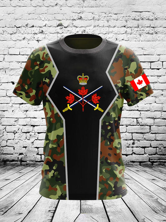 Vintage Canadian Flag Emblem Camouflage Patchwork Print Casual Cotton Short Sleeve T-Shirt
