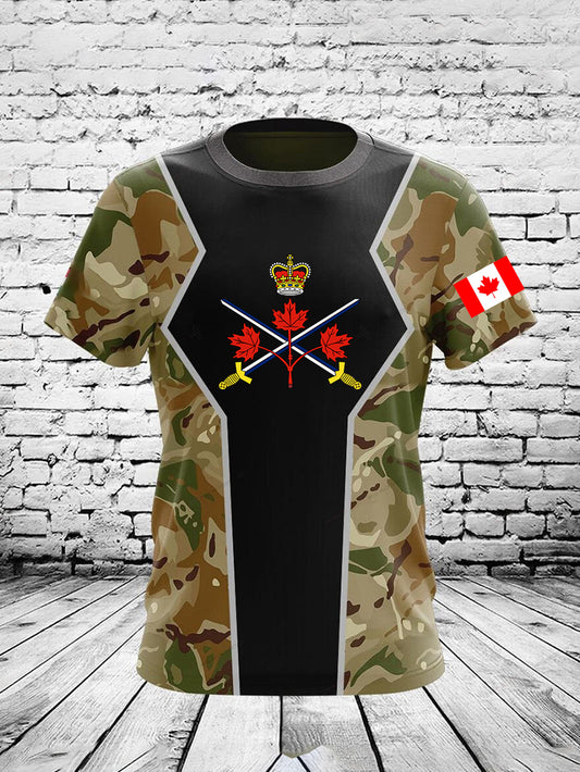 Vintage Canadian Flag Emblem Camouflage Patchwork Print Casual Cotton Short Sleeve T-Shirt