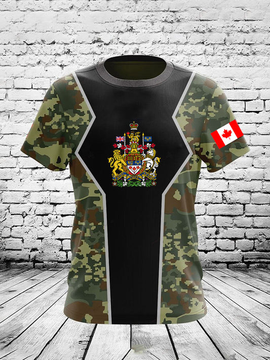 Vintage Canadian Flag Emblem Camouflage Patchwork Print Casual Cotton Short Sleeve T-Shirt